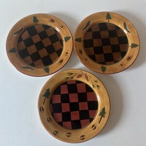 Zrike Outpost Set 3 Salad Dessert Plate Checkered Lodge Cabin Pinecone Tree Fish